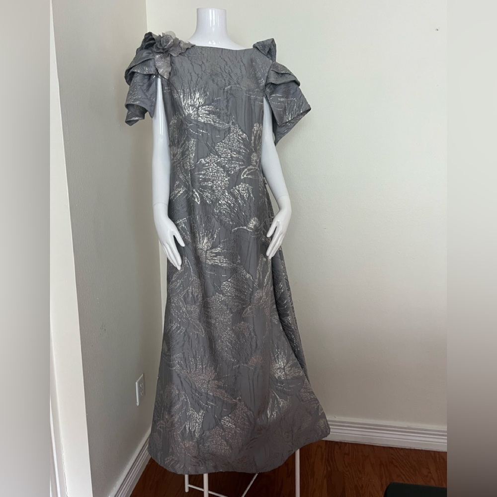 Terani Couture Metallic Gray Maxi Dress
